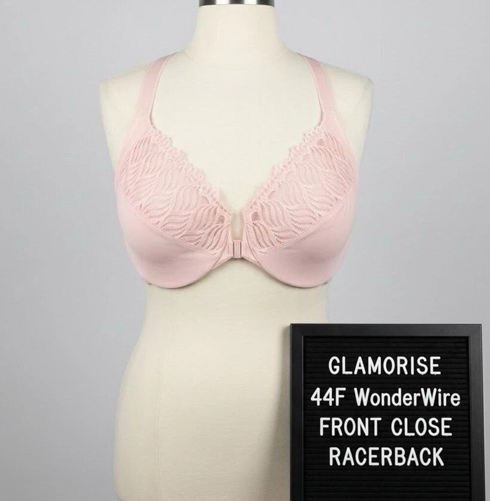 Glamorise 44F WonderWire Front Close Bra #1246 Light Pink Lace Racerback Plus